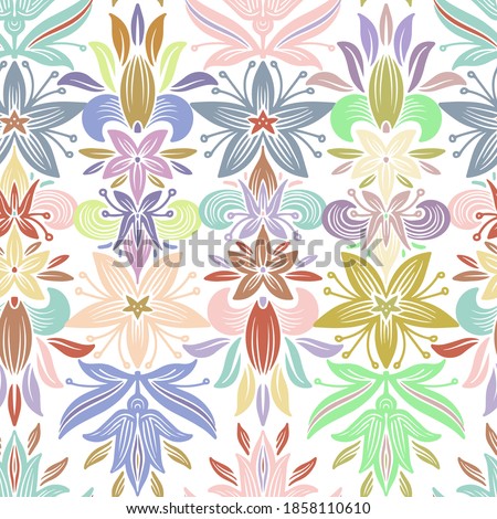 Vector seamless pattern colorful tender baroque design of lined silhouettes flower lace in pastel colors. The design is perfect for backgrounds, textiles, wrapping paper, wallpaper, decorations