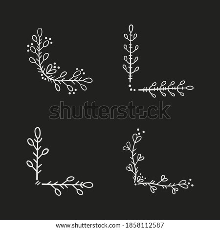 A set of corners for page decoration. Design elements in doodle style. Natural style, branches, plants. White chalk outline on a black background.