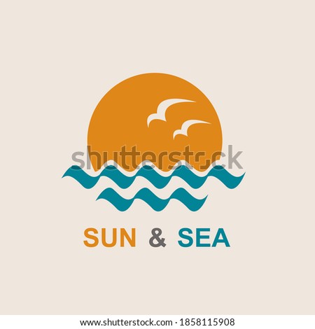 abstract icon of sun and sea with seagulls isolated