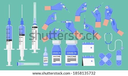 medical flu vaccination icons with stethoscope, plaster, ampoule vaccine, doctor hand wear glove holding syringe with needle shot for injection, vial of medicine for COVID-19, flat vector illustration Royalty-Free Stock Photo #1858135732