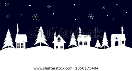 Christmas background. Winter landscape. There are white houses and trees on a dark blue background. Winter village. Vector illustration