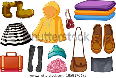 Set of fashion outfits and accessories on white background illustration