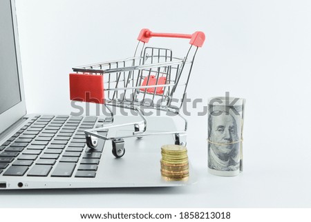 Selective focus of laptop, shopping cart, coins and banknote isolated on a white background.. Online shopping concept. 