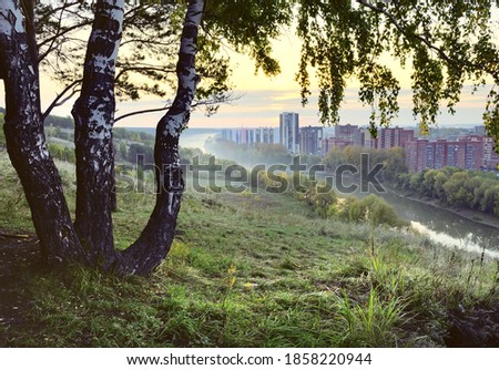 Morning on the Iyan river. Birches on the high Bank, residential area "Spring" in the distance