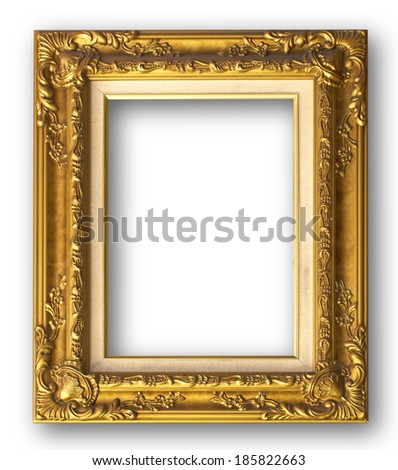Golden picture frame isolated on white background.