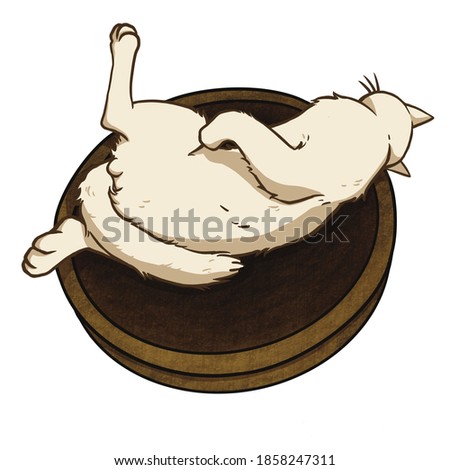 a white cat lying strange posture in a brown basket. Cartoon character for decoration in pet artwork advertising, clip art, textbook for small children.