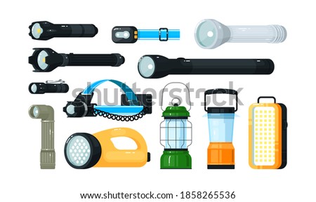 Portable hand-held, pocket and head electric flashlight set. Luminous light lamp tool, night searching bulb equipment, camping torch and handy lantern vector illustration isolated on white background