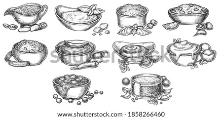 Sauce seasoning dip bowl with ingredient hand drawn sketch. Mayonnaise, ketchup, mustard, wasabi, bechamel food condiment ink engraved menu set vector illustration isolated on white background Royalty-Free Stock Photo #1858266460