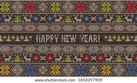 Happy New Year knitted pattern with lettering. Design for sweater, wallpaper, greeting card. Deer, snowflakes, fir. Knitting effect background. Red, green, blue and brown colors. Vector illustration.