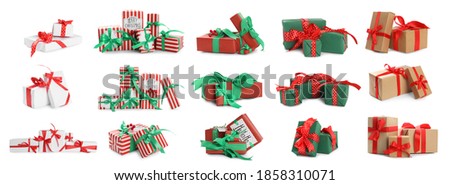 Set of different Christmas gift boxes on white background. Banner design 