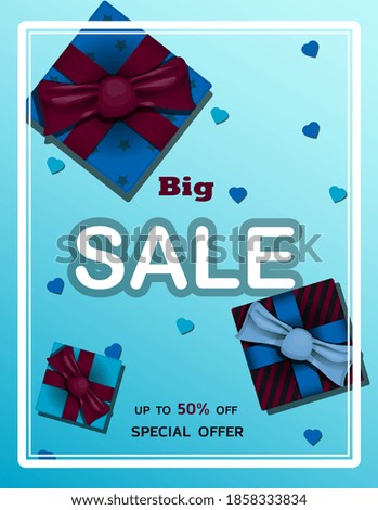 Advertising poster for big sale . Banner for discounts and presents. A poster with an inscription and a special offer of the store. Advertising in blue tones for the holiday, new year or sales season