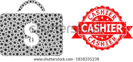 Vector collage business case of corona virus, and Cashier textured ribbon stamp seal. Virus elements inside business case collage. Red stamp includes Cashier title inside ribbon.