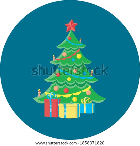Christmas tree with gifts on a round steel blue background. Vector flat illustration.