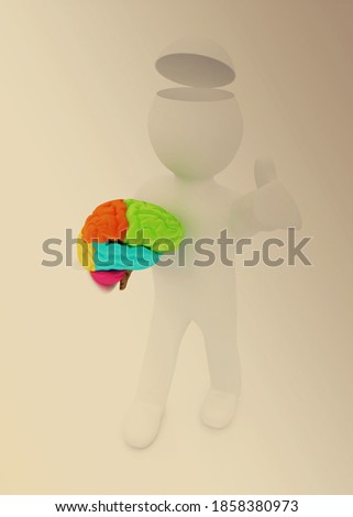 3d rendered people - man with half head, brain and trumb up. On toned background