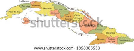 Pastel vector map of Cuba with black borders and names of it's provinces