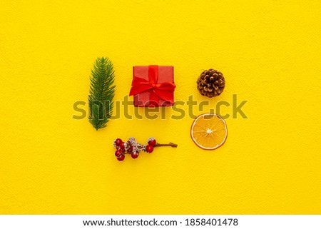 Christmas composition  on yellow background. Flat lay