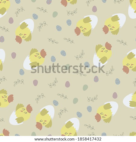 Seamless pattern with chicken and eggs. Decorative wallpaper for the nursery in the Scandinavian style. Vector. Suitable for children's clothing, interior design, packaging, printing.