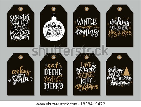 Set with Merry Christmas and Happy New Year vintage gift tags and cards with calligraphy. Handwritten lettering. Hand drawn design elements. Printable items 