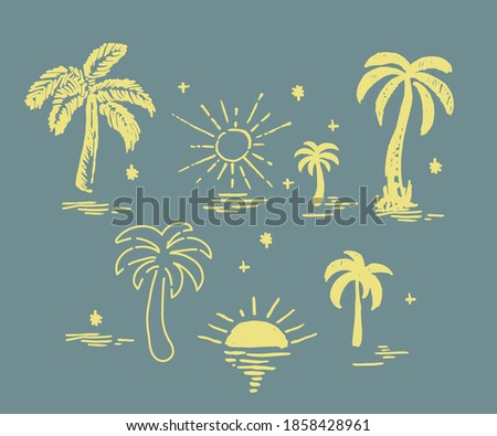 Summer sunset with hand drawn palm trees