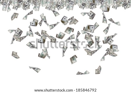 Finance concept, one hundred dollar banknotes flying, raining and falling down, isolated on white background.