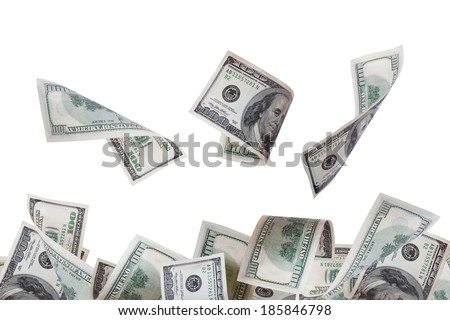 Close up view of flying one hundred dollar banknotes, isolated on white background.