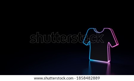 3d render techno neon purple blue glowing outline wireframe symbol of t shirt clothing isolated on black background with glossy reflection on floor