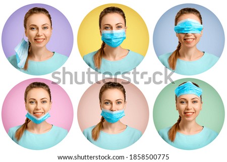 The protective mask on the girl is incorrectly put on. A masked nurse. Wrong. Quarantine during the virus. Self-isolation and illness. The doctor smiles. Covid19 second wave. Collage of photos. Royalty-Free Stock Photo #1858500775
