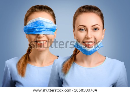 The protective mask on the girl is incorrectly put on. A masked nurse. Wrong. Quarantine during the virus. Self-isolation and illness. The doctor smiles. Coronavirus and protection. Collage of photos. Royalty-Free Stock Photo #1858500784