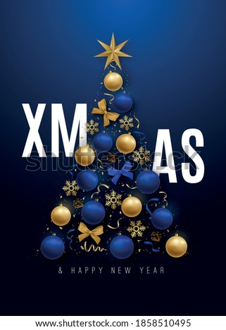 Merry Christmas banner. Decorative Christmas tree with 3d shiny and blue and golden balls. Xmas template for posters, flyers, covers and invitation. Stock vector illustration.