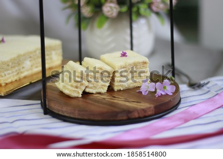 a picture of a brown wooden plate and a fork made of silver metal placed on the wooden plate board on which there is a piece of cheesecake with tree background and green purple in the sunday evening. 