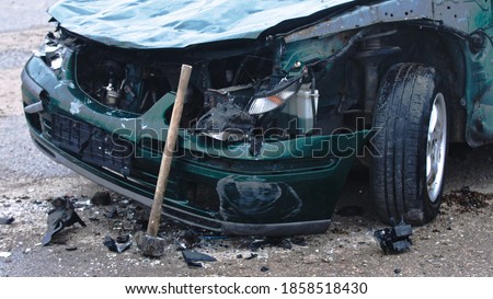 Close up wrecked car, car accident . High quality photo