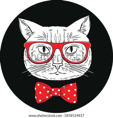 black and white with red cat hipster portrait in a black circle