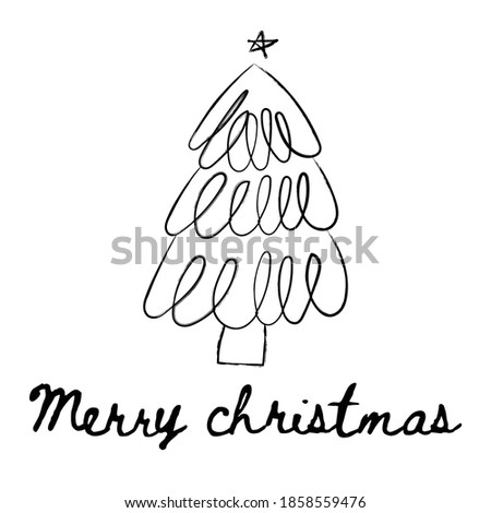 Simple Christmas tree cartoon line doodle with Merry Christmas greeting 