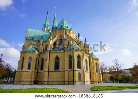 Cathedral Basilica  Archdiocese of Lodz.Catholic church in autumn scenery.Metropolitan Area.