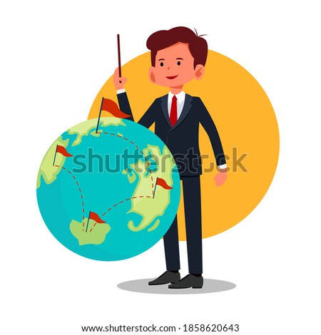 Illustration of businessman or manager is putting marks on the world map. Vector