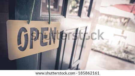 Vintage wooden door open sign and handle