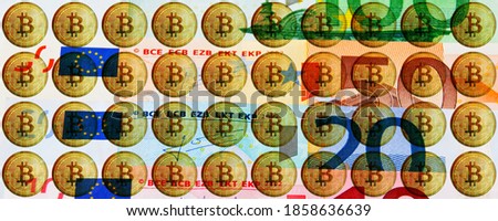 Euro banknotes with bitcoin banner