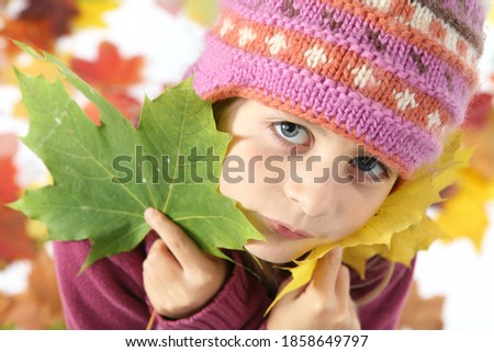 Autumnal mood of a little girl in yellow autumn leaves, on a white background