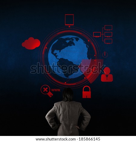 businessman looking at 3d world with padlock as Internet security online business concept 