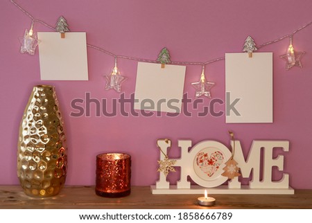 festive interior of the house with cards for inserting photos