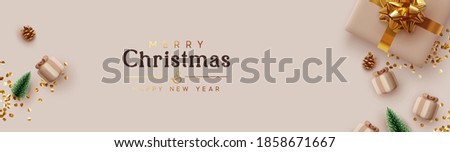 Merry Christmas and Happy New Year website header or banner. Xmas background design realistic gift box, green pine, pine cone of the Christmas tree, golden confetti glitter. Horizontal poster