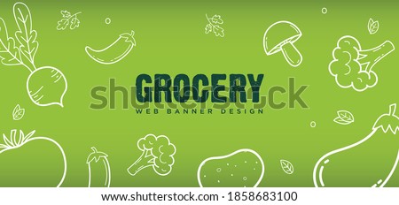 Organic Grocery shopping web banner design for store, Online Market, Home delivery line vector illustration Horizontal. Royalty-Free Stock Photo #1858683100