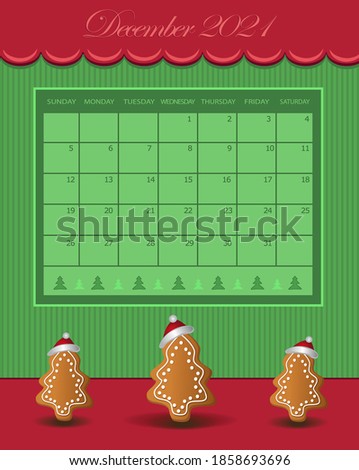 Calendar December Christmas for the year 2021, trees with gingerbread with a cap, red green color vector