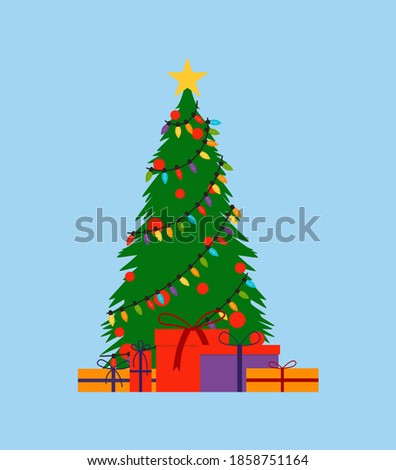 Decorated Christmas tree with gift boxes, star, lights, decoration balls, lamps and gift boxes.  Happy New Year and Merry Christmas. Vector illustration