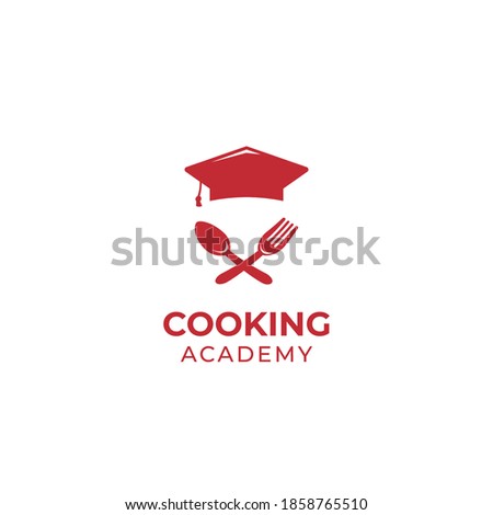 Cooking and food nutrition school academy logo icon symbol with spoon fork and graduation crown hat
