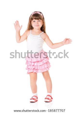 Portrait of emotionally pretty little girl on white background