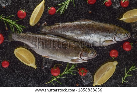 Salmon in ice with lemons on a black and wilted background, fresh headless fish