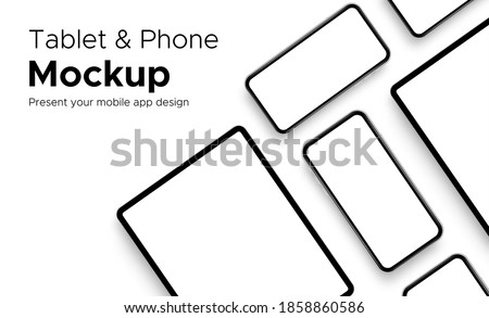 Mobile App Design Tablet Computer and Smartphone Mockup With Space for Text Isolated on White Background. Vector Illustration Royalty-Free Stock Photo #1858860586