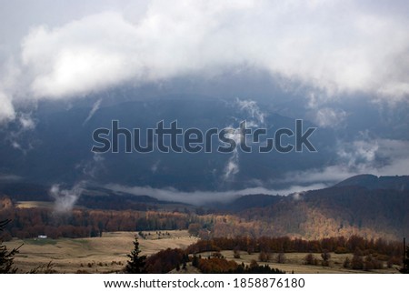 Autumn in the mountains with fog and colorful trees - rural panoramic landscape