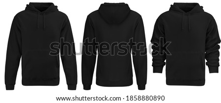 Black hoodie template. Hoodie sweatshirt long sleeve with clipping path, hoody for design mockup for print, isolated on white background. Royalty-Free Stock Photo #1858880890